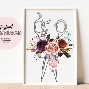 Floral Scissor Hairdresser Print Hair Stylist Gift Modern Salon Wall Art Poster Download Sign Esthetician Spa Beauty Decor Barber beautician
