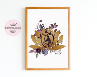 Posición de la flor de loto Descargar imprimir cartel de bendiciones de Namaste, decoración de la sala de yoga, flor de Om Aum, espacio de meditación de arte del escritorio de la oficina del estudio