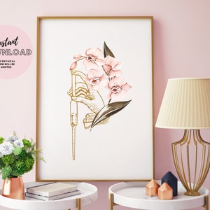 Puede incluir: Una impresión de arte imprimible con una ilustración dorada de una mano sosteniendo una pipeta con flores de orquídea rosa. El fondo es blanco.