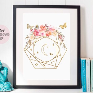 Affiche céleste Boho Décor Magique Mystique Art Carte Imprimer Art Mystique cristal guérison Lune Étoiles Espace spirituel Planète Floral imprimable