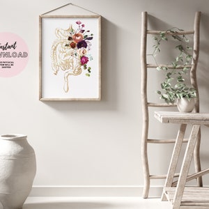 May include: A printable art print featuring a detailed anatomical illustration of the human intestines with a bouquet of flowers in shades of pink, purple, and white.