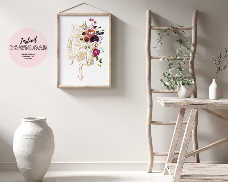 May include: A printable art print featuring a detailed anatomical illustration of the human intestines with a bouquet of flowers in shades of pink, purple, and white.