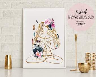 Floral Meditating Woman Gold Watercolor Flowers Art Spiritual Yoga poster meditation Instant Download print zen home Decor Lotus Position