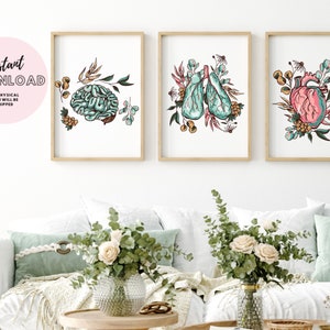 Set of 3 Prints Gallery turquoise pink wall art, floral anatomical human heart, brain lungs poster print cardiac nurse doctor office decor