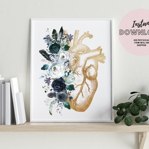 Floral Anatomical Heart Surgeon Print with Summer Roses Printable Wall art Decor Cardiac Nurse Gift Medical Student Graduation Cardiologist