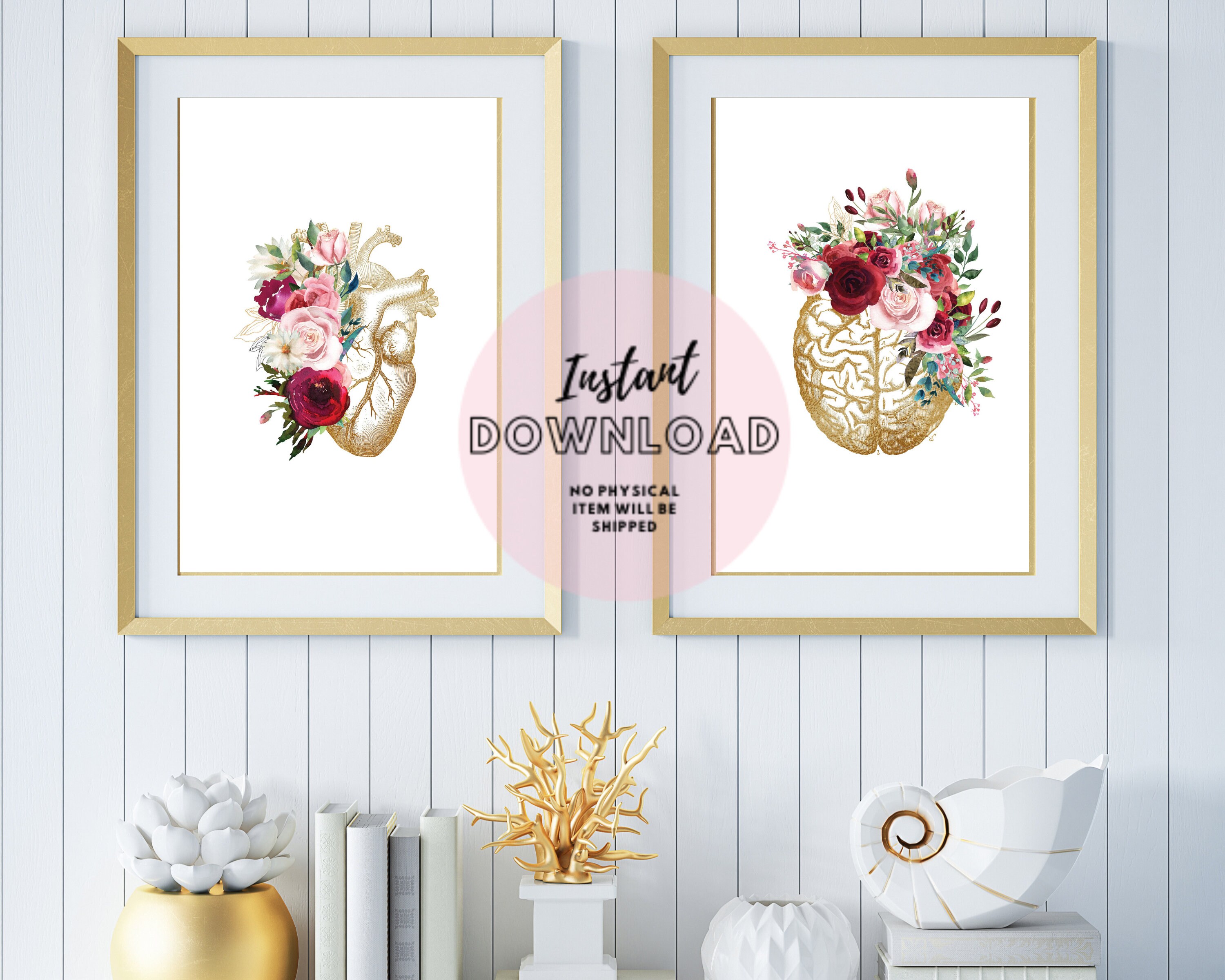 Heart and Brain Floral Anatomy Set of 2 Prints, Doctor Office Decor ...