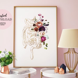May include: A printable art print featuring a vintage anatomical illustration of the human intestines with a bouquet of watercolor flowers in shades of pink, purple, and burgundy.