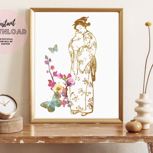 Boho Vintage Mother and Child Printable wall Art Japanese Geisha Print With Flowers and Butterflies Nursery Pediatrician Doula Office decor