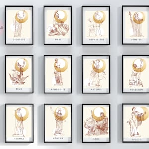 Set of 12 Print wall art Olympian Greek Goddess God ancient aesthetic academia Poster Greece Mythology Classic Retro statue pantheon history