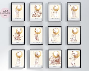 Set med 12 väggkonst Olympisk grekisk gudinna Gud forntida estetik akademia Poster Grekisk mytologi Klassisk Retro staty Pantheon historia