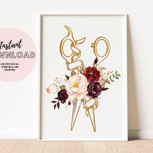 Floral Scissor Hairdresser Print Hair Stylist Gift Modern Salon Wall Art Poster Download Sign Esthetician Spa Beauty Decor Barber beautician