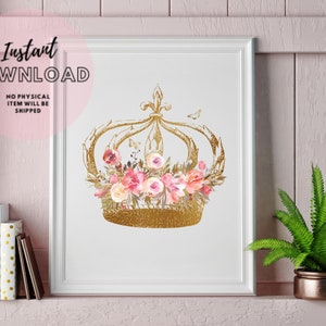 Floral Gold Vintage Queen King Crown Instant Download Art Print Watercolor Flowers Princess Decor Golden Poster HERALDRY Retro Printable
