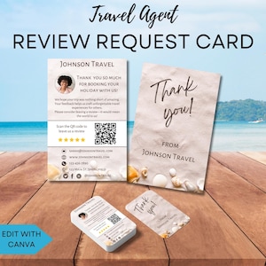 Cartão de agradecimento comercial para agente de viagens, modelo editável de solicitação de revisão, cartão de acompanhamento, design Canva personalizável para profissionais