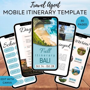 Modelo de itinerário de viagem móvel, agente de viagens, download instantâneo, modelo Canva, itinerário diário textável, guia de viagem digital Canva