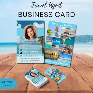 Modelo de cartão de visita elegante para agente de viagens, design Canva personalizável para profissionais, modelo editável