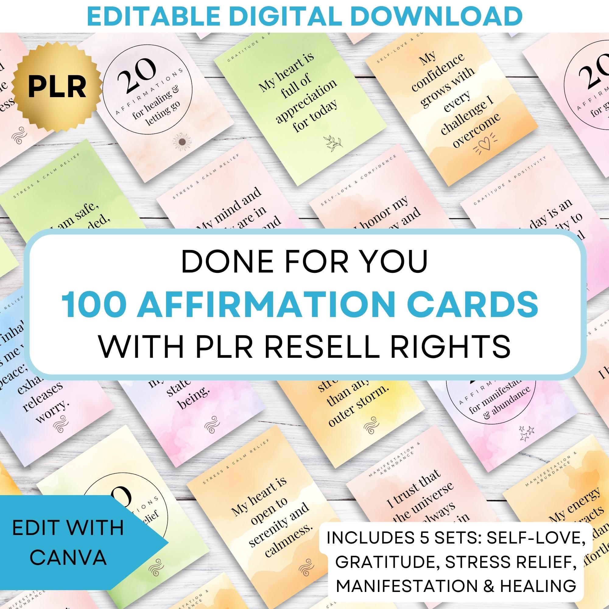 Editable Affirmation Cards Canva Template, PLR License, Mindfulness & Self-Care Printables for Coaches and Resale
