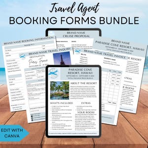 Paquete de formularios para agentes de viajes, plantillas de consultas de viajes, formularios de información de reservas, cotizaciones de viajes, plantillas editables de Canva
