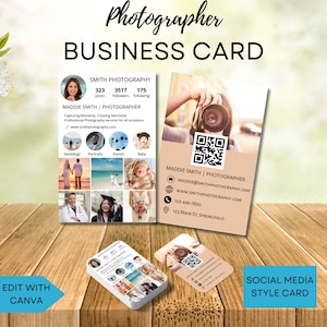 Visitenkarte Vorlage für Fotografen mit QR-Code, vertikal, modernem Social-Media-Stil, bearbeitbarem Canva-Design, QR-Code, DIY