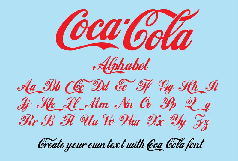 Pode incluir: Logotipo vermelho da Coca-Cola com o texto "Alphabet" e um alfabeto completo na mesma fonte. O texto "Crie seu pr&oacute;prio texto com a fonte Coca-Cola" est&aacute; abaixo do alfabeto.