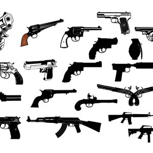 May include: A collection of various firearms, including revolvers, pistols, and rifles, depicted in a black and white illustration. The image showcases different gun designs, from classic revolvers to modern assault rifles, with detailed outlines.