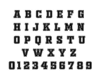May include: Black and white alphabet and numbers in a bold, blocky font style. The letters and numbers have a thick outline.