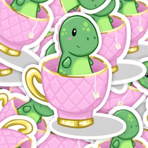 Tea Rex Sticker, Tea sticker, cute dinosaur sticker, cute teacup, kawaii dinosaur, T-rex