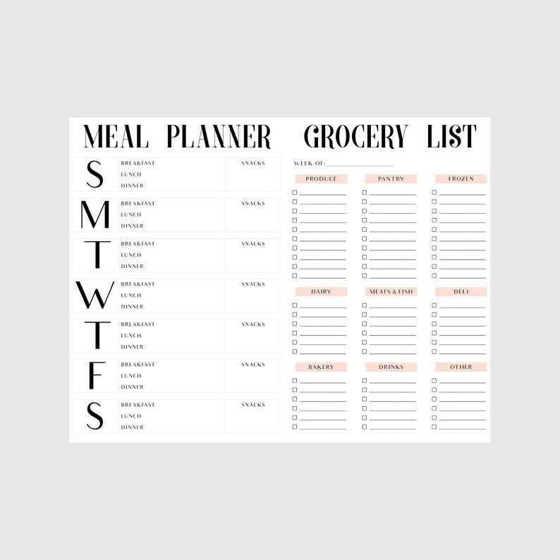 Weekly Meal Planner & Grocery List | Printable | Digital Download - Etsy