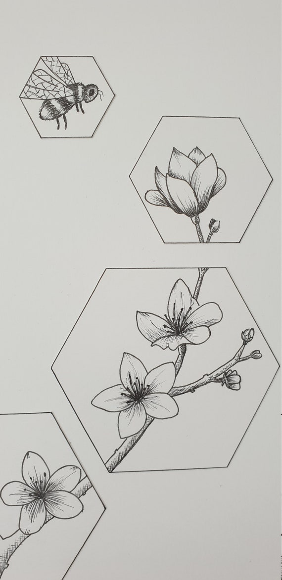 Original Flor de manzana y lápiz de abeja dibujo A4 - Etsy México