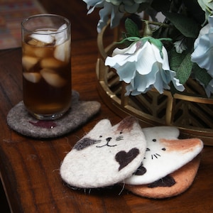 Absorbent Handmade Cat Coasters-Set of Four-4-Wool Felt-Gifts for Cat Lovers-Coaster Set-Funny Drink Coasters-Protects Furniture