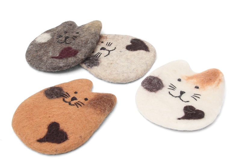 Absorbent Handmade Cat Coasters-Set of Four-4-Wool Felt-Gifts for Cat Lovers-Coaster Set-Funny Drink Coasters-Protects Furniture image 2