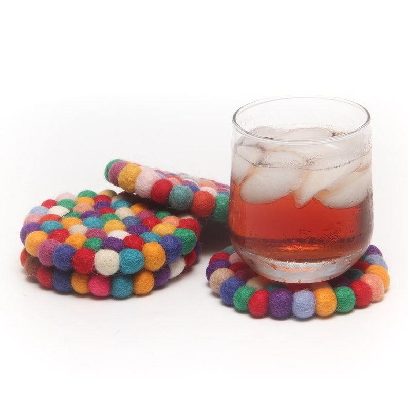 Absorbent Rainbow Tea Coasters Coasters for Drinks Set of 4 or 2 Home Decor Accessory Felt Ball Coaster Wool ball Coaster Office Coaster image 6
