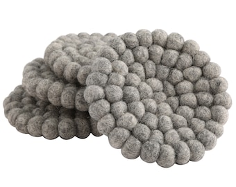 Gray Wool Felt Ball Coasters | Handmade Drink Coaster Set