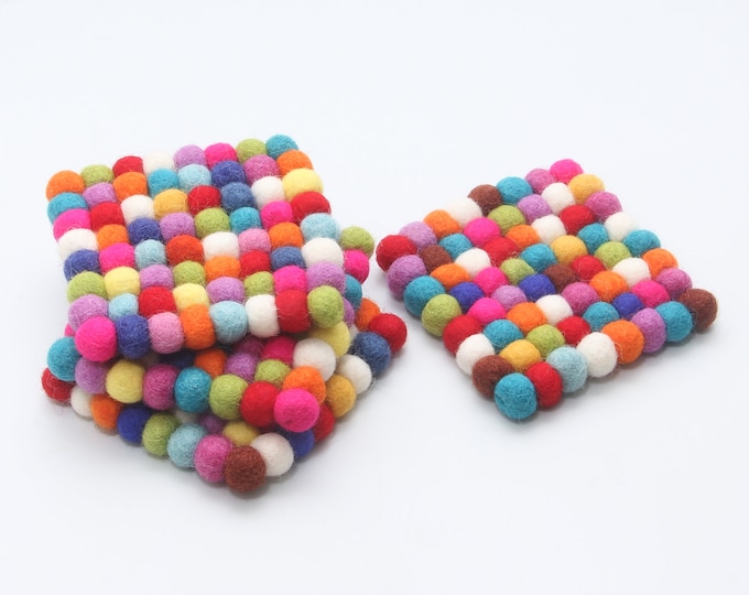 Rainbow Wool Felt Ball Coasters, Absorbent Drink Coasters, Set of 4