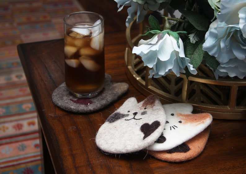 Absorbent Handmade Cat Coasters-Set of Four-4-Wool Felt-Gifts for Cat Lovers-Coaster Set-Funny Drink Coasters-Protects Furniture Entire Set