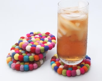Colorful Felt Wool Coasters Set of 4 – Handmade Absorbent Drink Coasters | Eco Friendly Home Decor Gift | Wool Ball Coaster Set