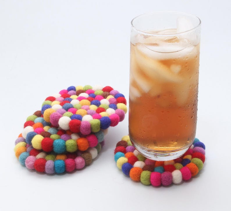 Colorful Felt Wool Coasters Set of 4 – Handmade Absorbent Drink Coasters | Eco Friendly Home Decor Gift | Wool Ball Coaster Set