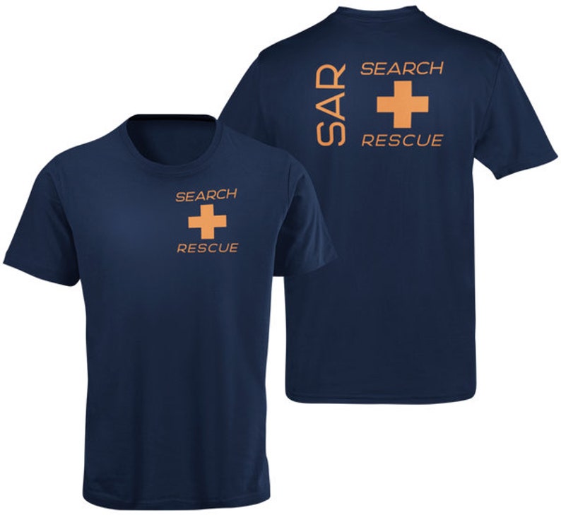 May include: A navy blue t-shirt with a white cross and the text "SEARCH RESCUE" on the front. The back of the shirt has the text "SAR" and "SEARCH RESCUE" with a white cross.