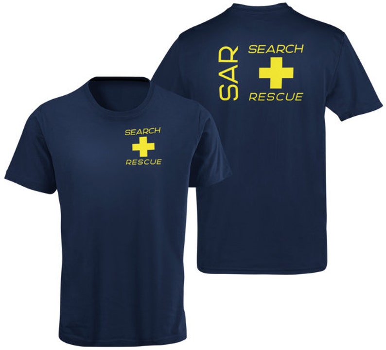 May include: A navy blue t-shirt with a yellow cross and the text "SEARCH RESCUE" on the front. The back of the shirt has the text "SAR SEARCH RESCUE" in yellow.