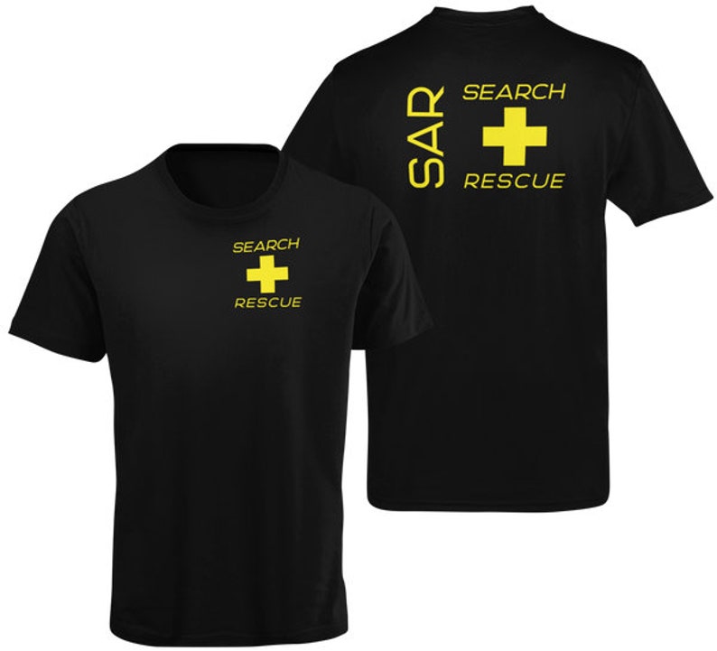 May include: Black t-shirt with a yellow "SAR SEARCH RESCUE" logo on the back and a yellow "SEARCH RESCUE" logo on the front.