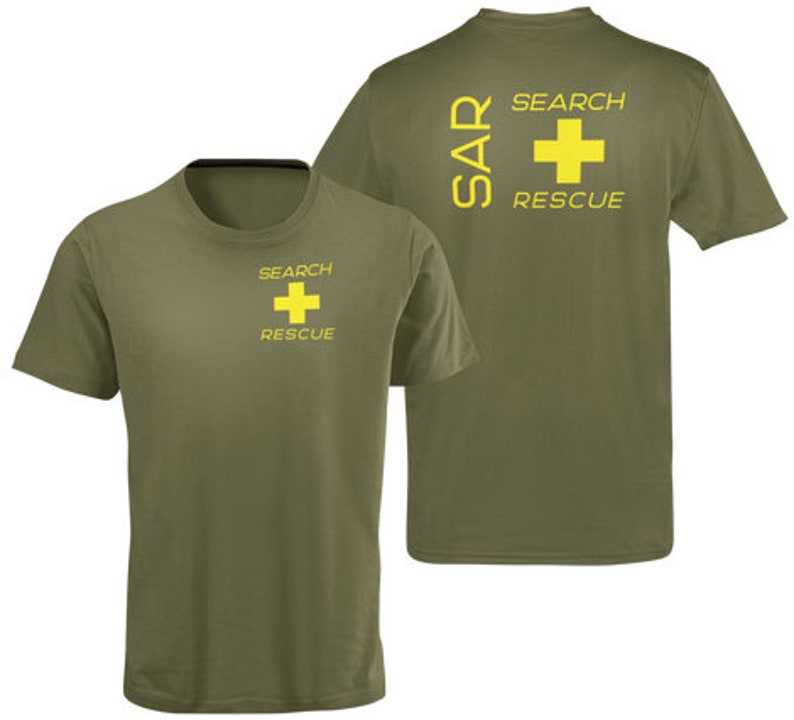 May include: A green t-shirt with the words "SEARCH RESCUE" and a yellow cross on the front. The back of the shirt has the words "SAR SEARCH RESCUE" in yellow.