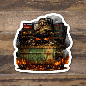 May include: A sticker featuring a raccoon wearing headphones, sitting in an office chair, and working at a computer inside a dumpster on fire. The dumpster has the text "911 DISPATCH" on a computer screen.
