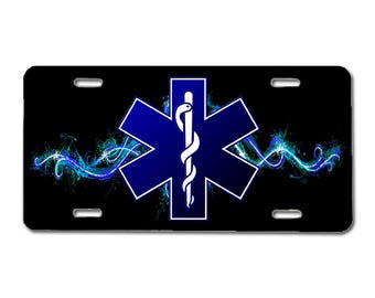 EMS Star of Life License Plate with Blue Electric Accents 3 Colors