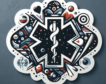 May include: A black and white star of life symbol with a snake and staff inside. The symbol is surrounded by a colorful abstract design with red, blue, and white accents.