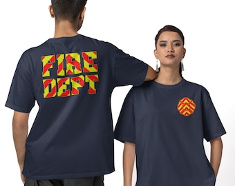 May include: Navy blue t-shirts with the text "FIRE DEPT" in yellow and red on the back. One shirt has a matching emblem on the front. The shirts are worn by two people.