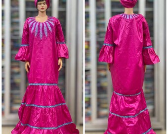 Robe longue traditionnelle africaine en dentelle et riche en bazin rose, robe longue en dentelle et riche en bazin africain, grande robe en brocart africain