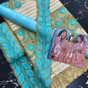 African Luxury Fabrics Set: BAZIN Riche, Guipure Lace, and Trimmings, 3-5 Free Days, Nigerian Party Fabric Set, Aso ebi Fabrics for dresses. 4