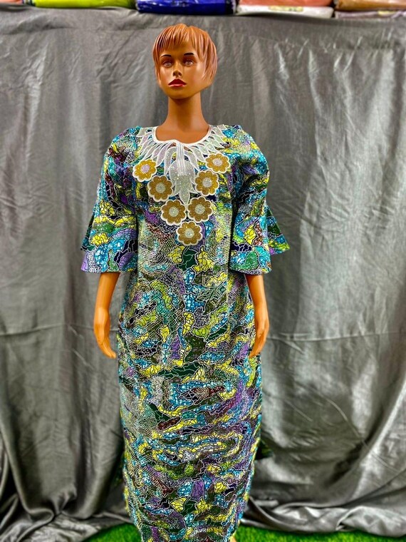 Luxury Ankara Dress With Pearled Beaded Embroidery Embroidered African Dress Luxury Wax Fabrics Kaftan African Boubou With Embroidery Etsy Canada