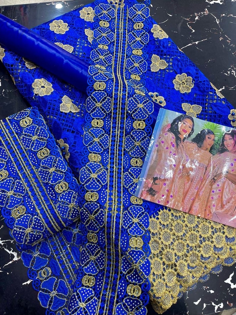 African Luxury Fabrics Set: BAZIN Riche, Guipure Lace, and Trimmings, 3-5 Free Days, Nigerian Party Fabric Set, Aso ebi Fabrics for dresses. 1