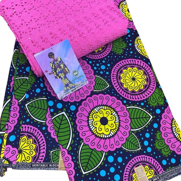 Ensemble de tissus africains assortis, dentelle de coton et imprimé wax Ankara, 2,5 m de dentelle et 3 m de tissus wax, 3 à 5 jours de livraison gratuite