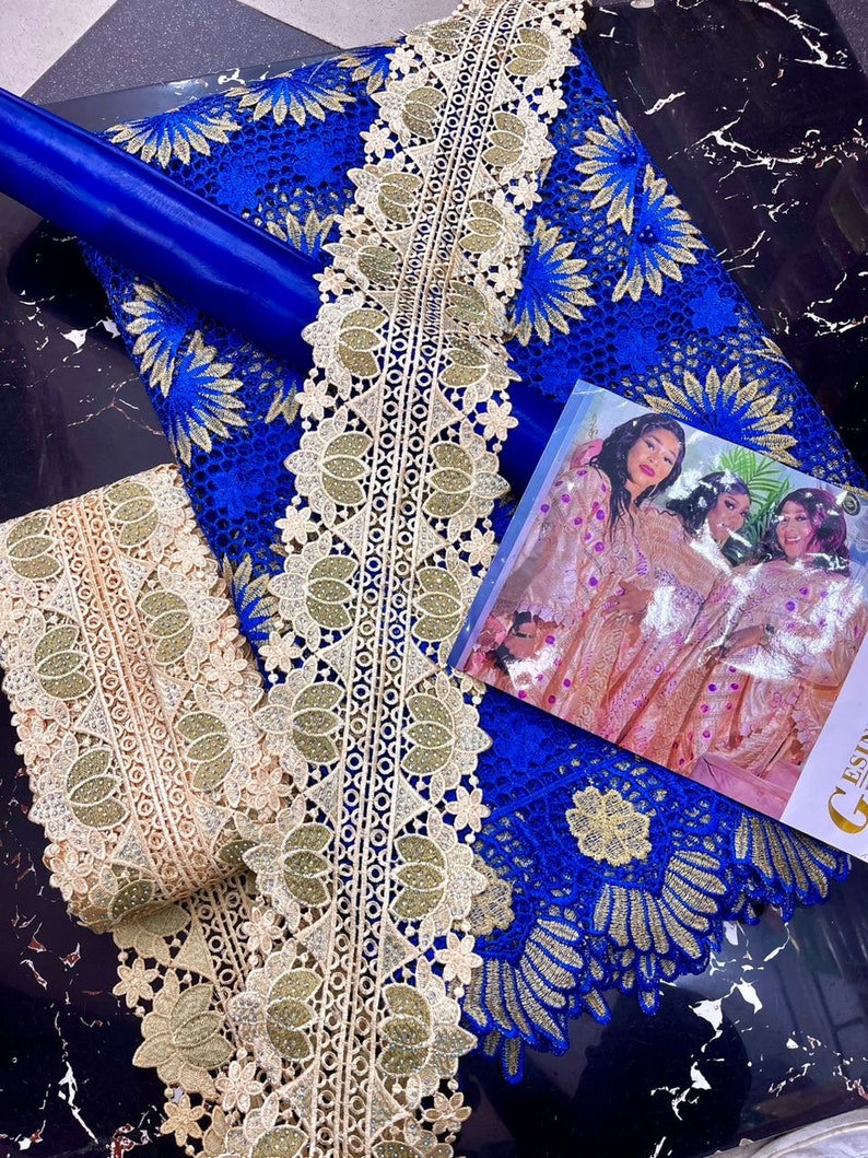 African Luxury Fabrics Set: BAZIN Riche, Guipure Lace, and Trimmings, 3-5 Free Days, Nigerian Party Fabric Set, Aso ebi Fabrics for dresses. 3